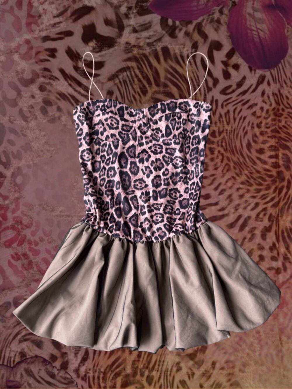 Y2K Leopard Print Mini Dress Bubble Hem Spaghetti Strap